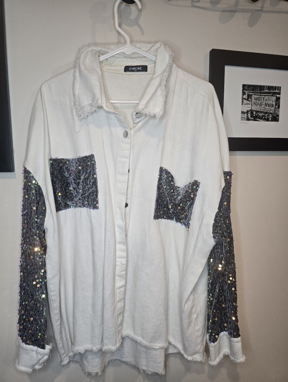 chic White Jacket with Iridescent Sequin Panels